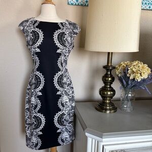 Maggy London sheath cocktail dress black with white lace prints sz 6 GUC